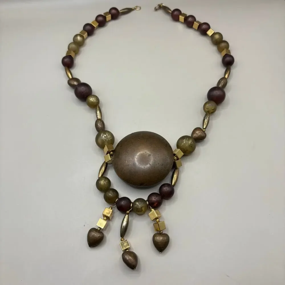 VTG Necklace Beaded Costume Statement Chunky Earthy Gold‎ Tone Hearts Boho